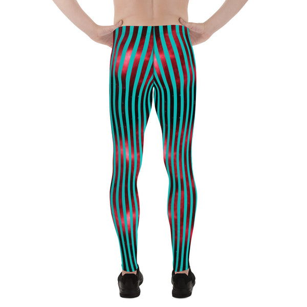 Blue Red Striped Men's Leggings, Colorful Best Compression Tights For Men - Made in USA/EU/MX