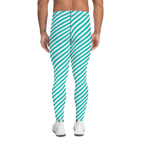 Colorful Diagonally Striped Meggings, White and Blue Diagonal Striped Best Abstract Designer Print Sexy Meggings Men's Workout Gym Tights Leggings, Men's Compression Tights Pants - Made in USA/ EU/ MX (US Size: XS-3XL)&nbsp;