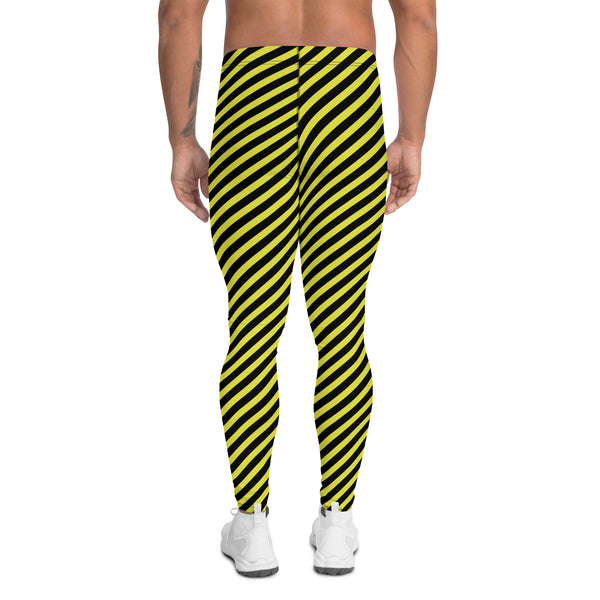 Yellow Black Diagonal Striped Meggings, Colorful Best Compression Tights For Men - Made in USA/EU/MX