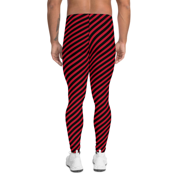 Black Red Diagonal Striped Meggings, Colorful Best Compression Tights For Men - Made in USA/EU/MX