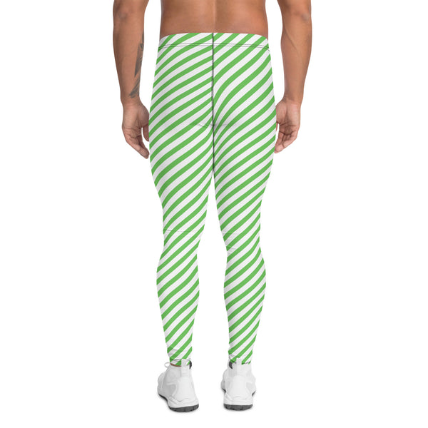 Green White Striped Meggings, Diagonal Striped Best Green and White Abstract Designer Print Sexy Meggings Men's Workout Gym Tights Leggings, Men's Compression Tights Pants - Made in USA/ EU/ MX (US Size: XS-3XL)&nbsp;