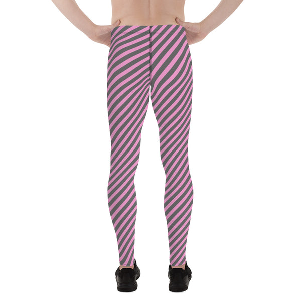 Pink Grey Diagonal Striped Meggings, Colorful Best Compression Tights For Men - Made in USA/EU/MX