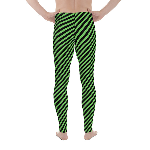 Green Black Diagonal Striped Meggings, Designer Running Compression Tights For Men - Made in USA/EU/MX