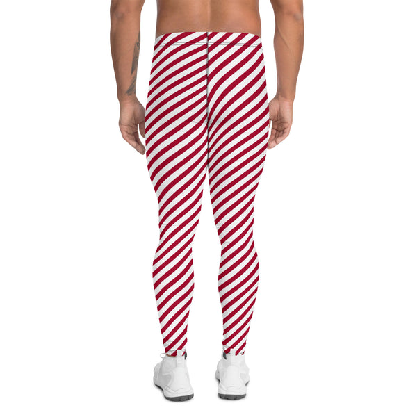 Colorful Diagonally Striped Meggings, Red and White Diagonal Striped Best Abstract Designer Print Sexy Meggings Men's Workout Gym Tights Leggings, Men's Compression Tights Pants - Made in USA/ EU/ MX (US Size: XS-3XL)&nbsp;