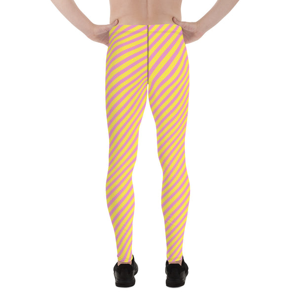 Pink Yellow Diagonally Striped Meggings, Best Men's Leggings