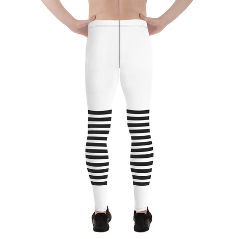 White Abstract Striped Men's Leggings, Black Horizontally Striped White and Black Abstract Designer Print Sexy Meggings Men's Workout Gym Tights Leggings, Men's Compression Tights Pants - Made in USA/ EU/ MX (US Size: XS-3XL)&nbsp;