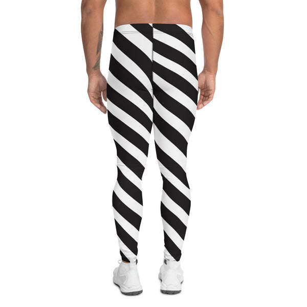 White Black Diagonally Striped Meggings, Abstract Striped Men's Leggings, Black Striped White and Black Abstract Designer Print Sexy Meggings Men's Workout Gym Tights Leggings, Men's Compression Tights Pants - Made in USA/ EU/ MX (US Size: XS-3XL)&nbsp;