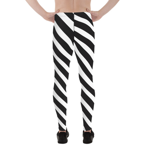 Black White Diagonal Stripes Meggings, White Striped Premium Style Men's Leggings For Men - Made in USA/EU/MX