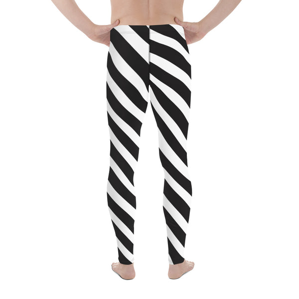 Black White Diagonal Stripes Meggings, White Striped Premium Style Men's Leggings For Men - Made in USA/EU/MX