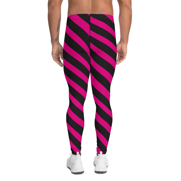 Pink Black Diagonal Striped Meggings, Best Men's Leggings