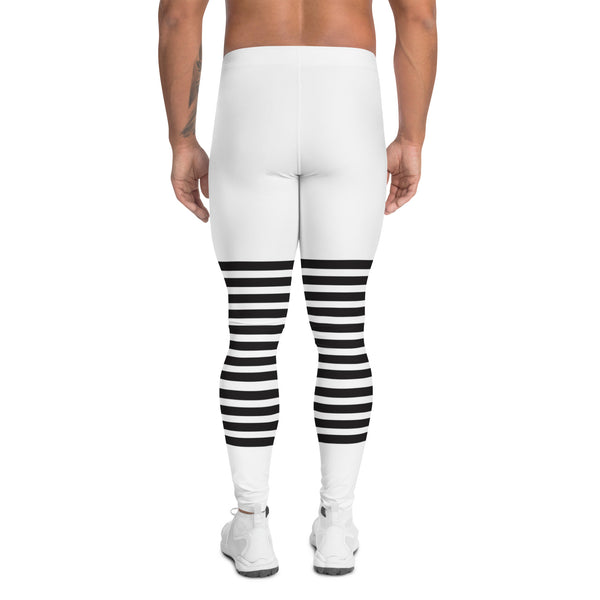 White Abstract Striped Men's Leggings, Black Horizontally Striped White and Black Abstract Designer Print Sexy Meggings Men's Workout Gym Tights Leggings, Men's Compression Tights Pants - Made in USA/ EU/ MX (US Size: XS-3XL)&nbsp;