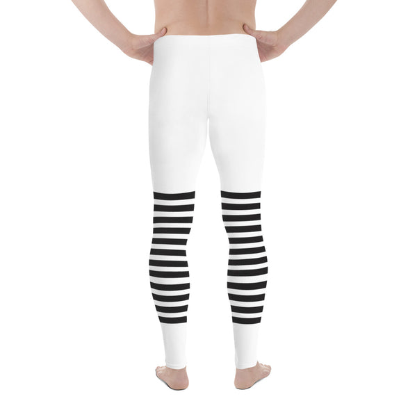 White Black Horizontal Striped Meggings, Best Horizontally Striped Men's Leggings For Men - Made in USA/EU/MX