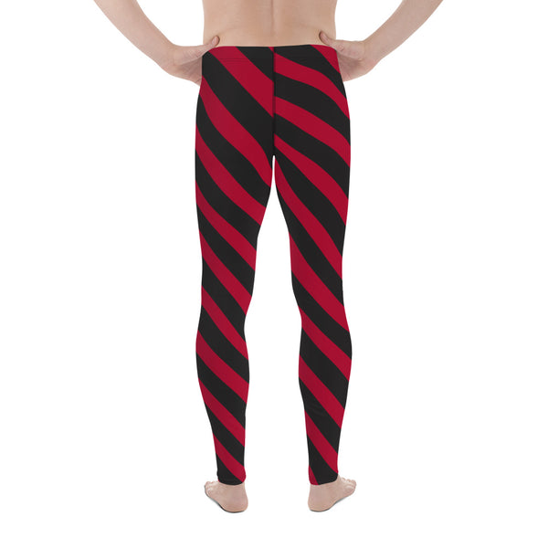 Red Black Diagonal Striped Meggings, Best Festival Men's Leggings Running Compression Tights For Men - Made in USA/EU/MX