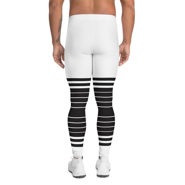 White Abstract Striped Men's Leggings, Black Horizontally Striped White and Black Abstract Designer Print Sexy Meggings Men's Workout Gym Tights Leggings, Men's Compression Tights Pants - Made in USA/ EU/ MX (US Size: XS-3XL)&nbsp;