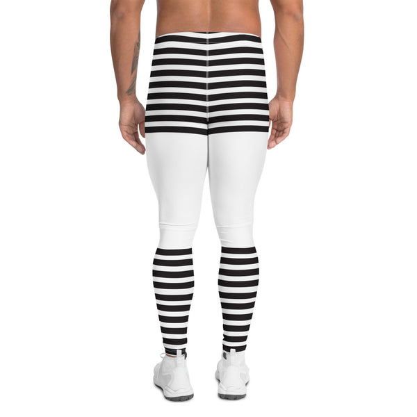 White Abstract Striped Men's Leggings, Black Horizontally Striped White and Black Abstract Designer Print Sexy Meggings Men's Workout Gym Tights Leggings, Men's Compression Tights Pants - Made in USA/ EU/ MX (US Size: XS-3XL)&nbsp;