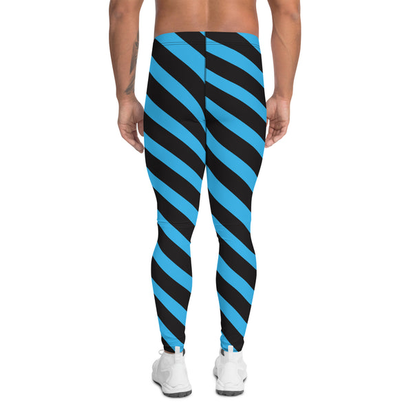 Blue Black Striped Meggings, Diagonal Stripes Men's Leggings