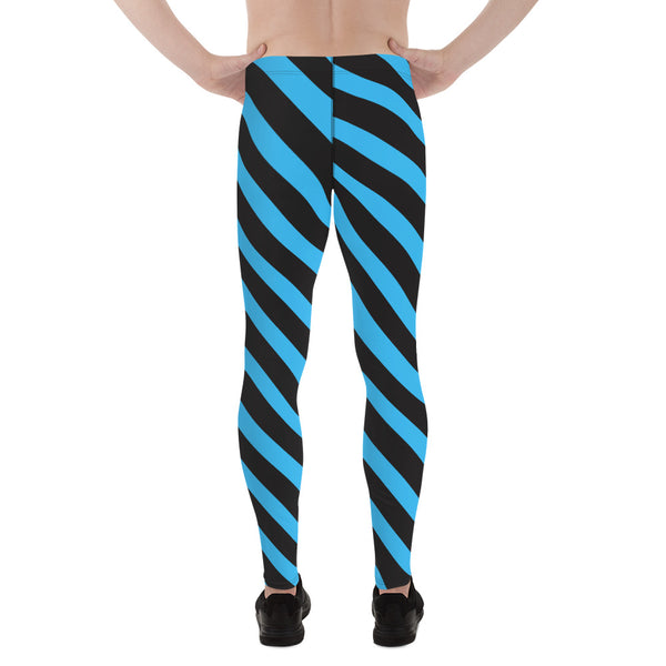 Blue Black Striped Meggings, Diagonal Stripes Men's Leggings