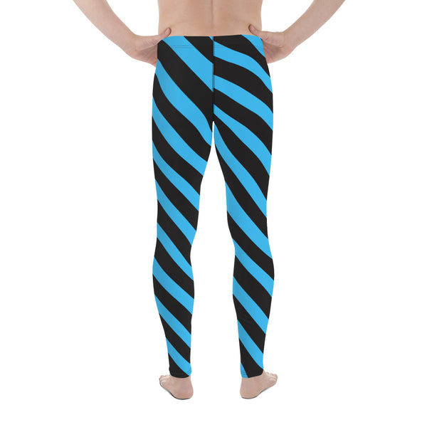 Blue Black Striped Meggings, Diagonal Stripes Men's Leggings