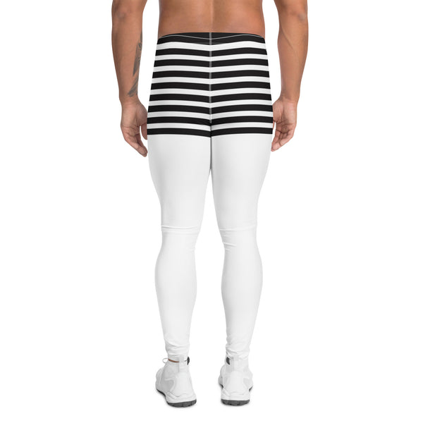 White Abstract Striped Men's Leggings, Black Horizontally Striped White and Black Abstract Designer Print Sexy Meggings Men's Workout Gym Tights Leggings, Men's Compression Tights Pants - Made in USA/ EU/ MX (US Size: XS-3XL)&nbsp;