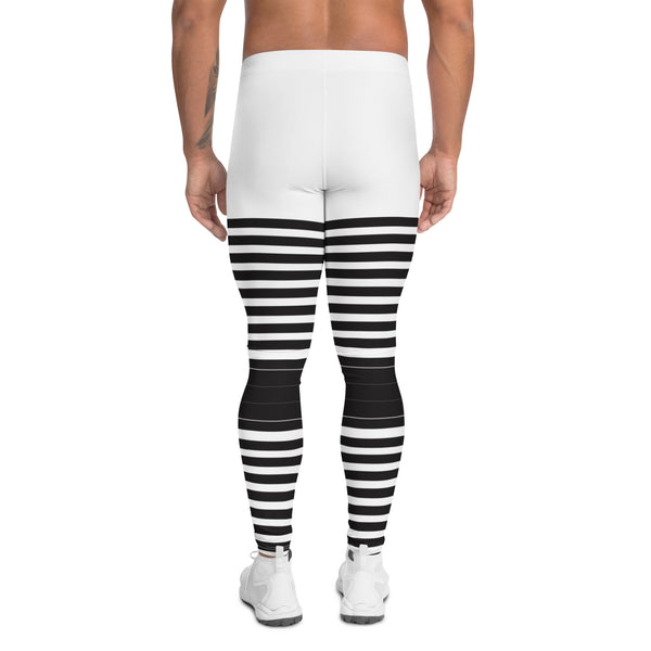 White Abstract Striped Men's Leggings, Black Horizontally Striped White and Black Abstract Designer Print Sexy Meggings Men's Workout Gym Tights Leggings, Men's Compression Tights Pants - Made in USA/ EU/ MX (US Size: XS-3XL)&nbsp;