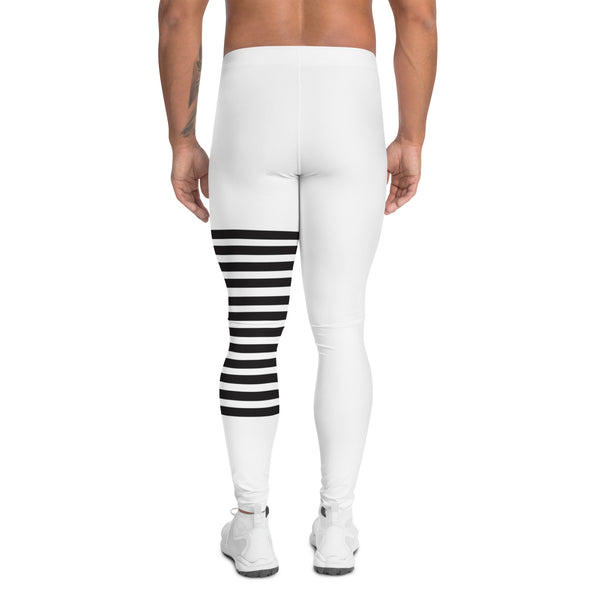 White Abstract Striped Men's Leggings, Black Horizontally Striped White and Black Abstract Designer Print Sexy Meggings Men's Workout Gym Tights Leggings, Men's Compression Tights Pants - Made in USA/ EU/ MX (US Size: XS-3XL)&nbsp;