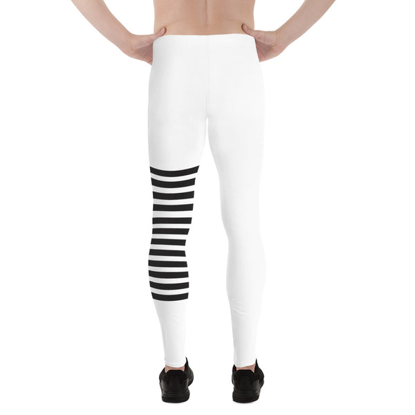 Black White Horizontally Striped Meggings, Premium Men's Leggings Compression Tights For Men - Made in USA/EU/MX