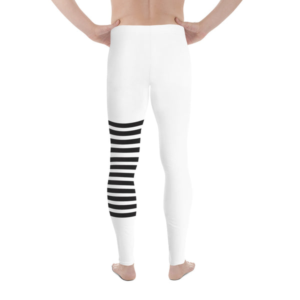 Black White Horizontally Striped Meggings, Premium Men's Leggings Compression Tights For Men - Made in USA/EU/MX