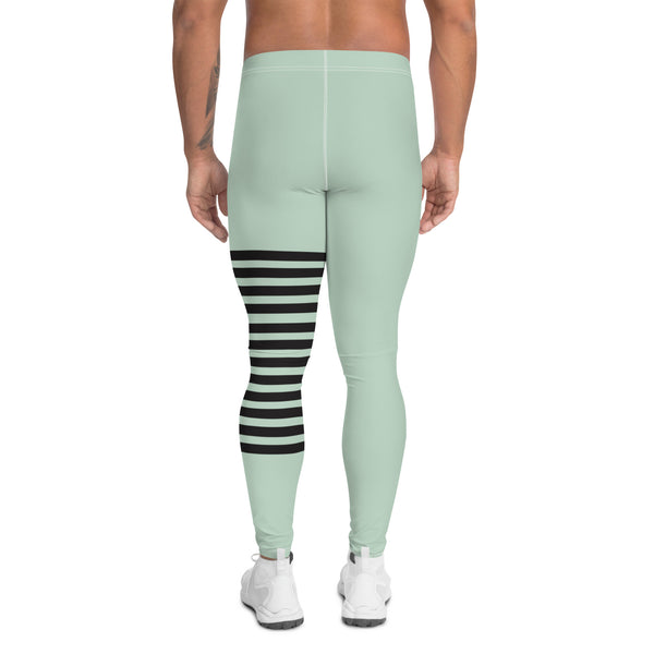 Pastel Green Striped Meggings, Pastel Horizontally Striped Men's Leggings