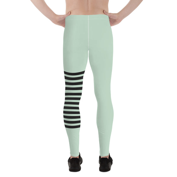Pastel Green Striped Meggings, Pastel Horizontally Striped Men's Leggings