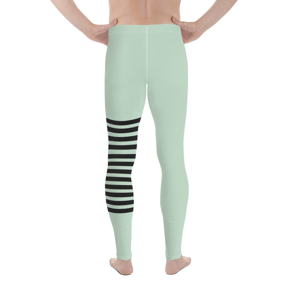 Pastel Green Striped Meggings, Pastel Horizontally Striped Men's Leggings