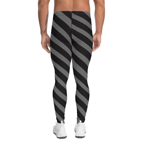 Grey Black Striped Meggings, Diagonally Striped Men's Leggings