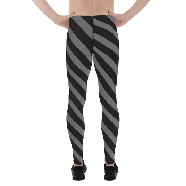 Grey Black Striped Meggings, Diagonally Striped Men's Leggings