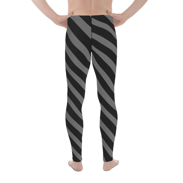 Grey Black Striped Meggings, Diagonally Striped Men's Leggings