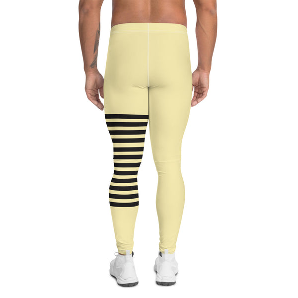 Pastel Yellow Striped Meggings, Horizontal Stripes Men's Leggings