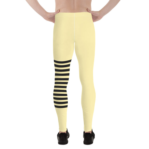 Pastel Yellow Striped Meggings, Horizontal Stripes Men's Leggings