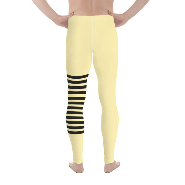 Pastel Yellow Striped Meggings, Horizontal Stripes Men's Leggings