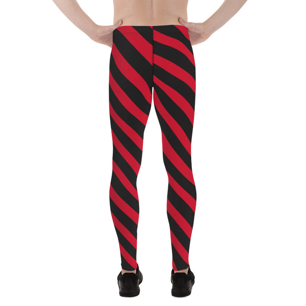 Black Red Striped Meggings, Stripes Diagonal Men's Leggings Running Compression Tights For Men - Made in USA/EU/MX