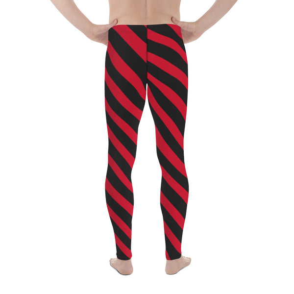 Black Red Striped Meggings, Stripes Diagonal Men's Leggings Running Compression Tights For Men - Made in USA/EU/MX