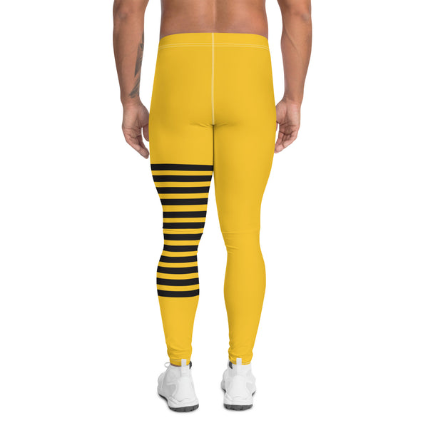 Bright Yellow Striped Meggings, Designer Horizontal Stripes Men's Leggings