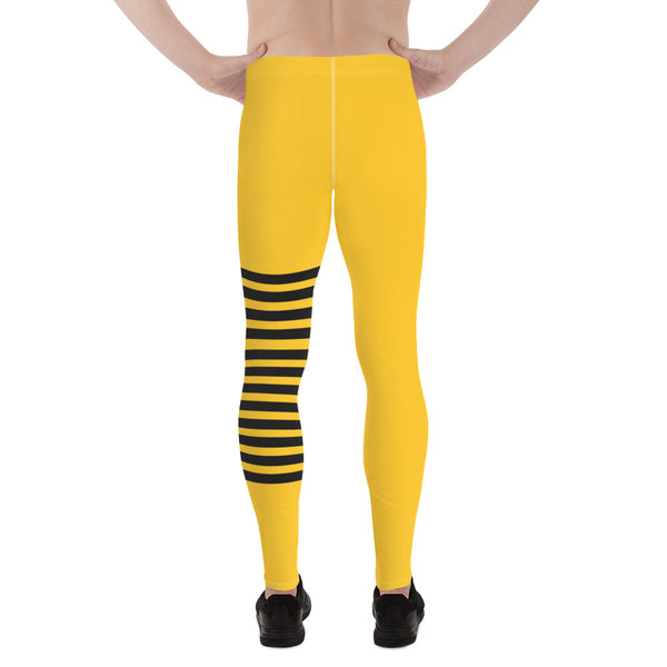 Bright Yellow Striped Meggings, Designer Horizontal Stripes Men's Leggings