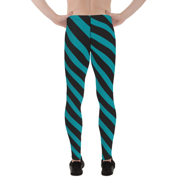 Teal Blue Black Striped Meggings, Diagonal Stripes Best Men's Leggings