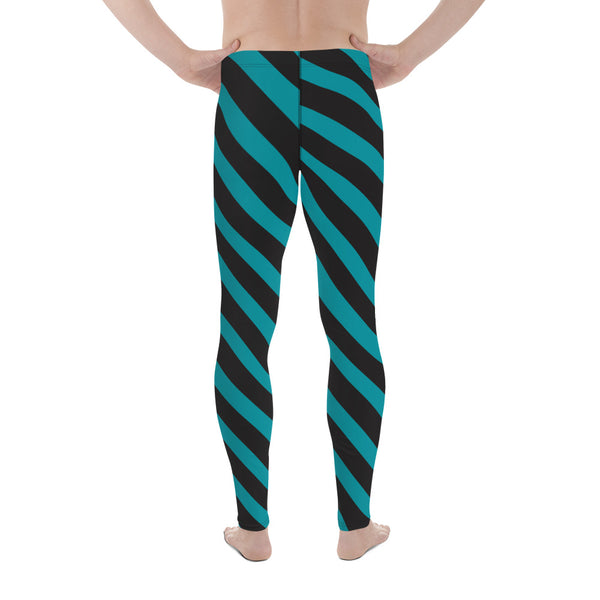 Teal Blue Black Striped Meggings, Diagonal Stripes Best Men's Leggings