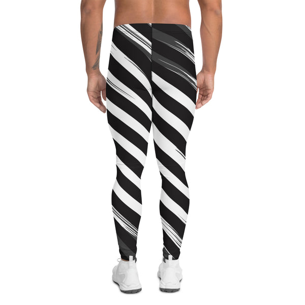 Black Abstract Striped Meggings, White and Black Diagonal Stripes Abstract Designer Print Sexy Meggings Men's Workout Gym Tights Leggings, Men's Compression Tights Pants - Made in USA/ EU/ MX (US Size: XS-3XL)&nbsp;