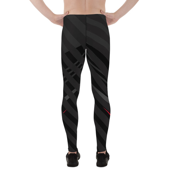 Black Red Striped Meggings, Diagonally Stripes Men's Leggings Running Compression Tights For Men - Made in USA/EU/MX