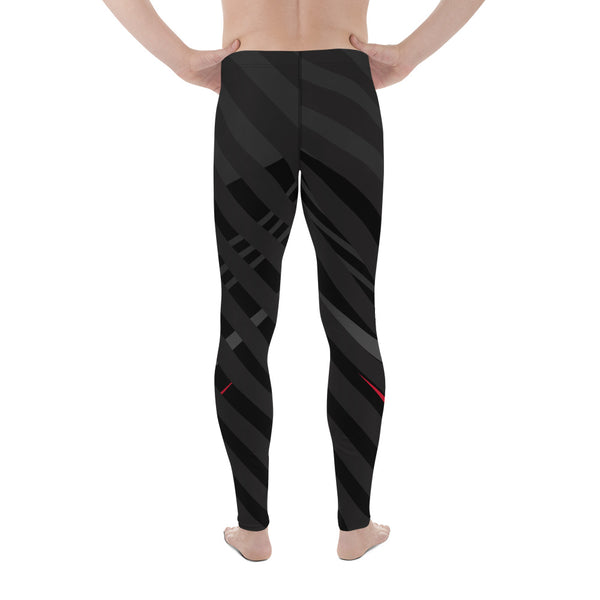 Black Red Striped Meggings, Diagonally Stripes Men's Leggings Running Compression Tights For Men - Made in USA/EU/MX