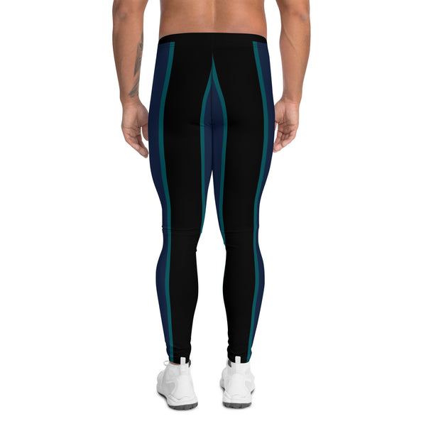 Black Blue Striped Meggings, Best Premium Vertical Striped Men's Leggings