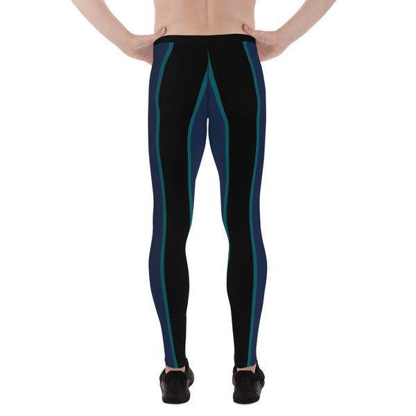 Black Blue Striped Meggings, Best Premium Vertical Striped Men's Leggings