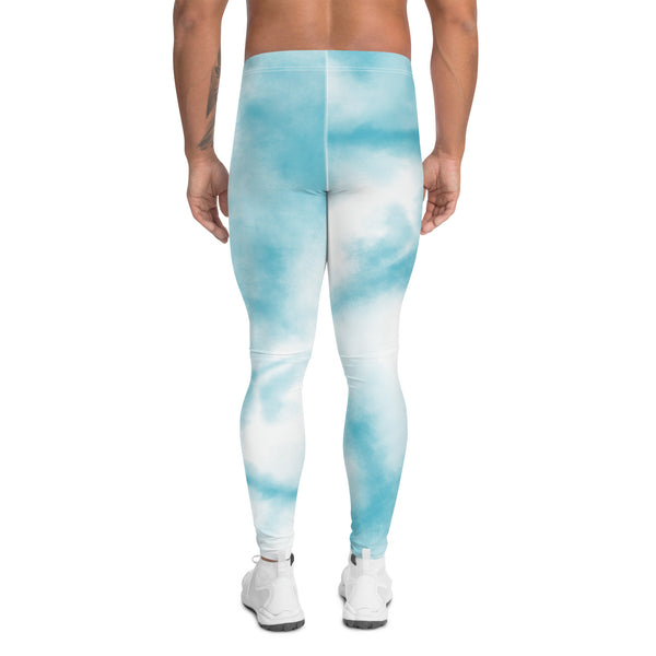 Abstract Tie Dye Men's Leggings, White and Blue Abstract Designer Print Sexy Meggings Men's Workout Gym Tights Leggings, Men's Compression Tights Pants - Made in USA/ EU/ MX (US Size: XS-3XL)&nbsp;