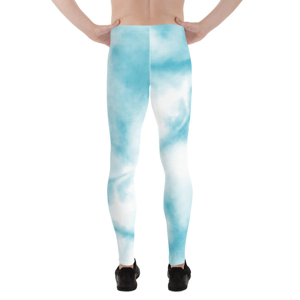 Abstract Tie Dye Men's Leggings, White and Blue Abstract Designer Print Sexy Meggings Men's Workout Gym Tights Leggings, Men's Compression Tights Pants - Made in USA/ EU/ MX (US Size: XS-3XL)&nbsp;