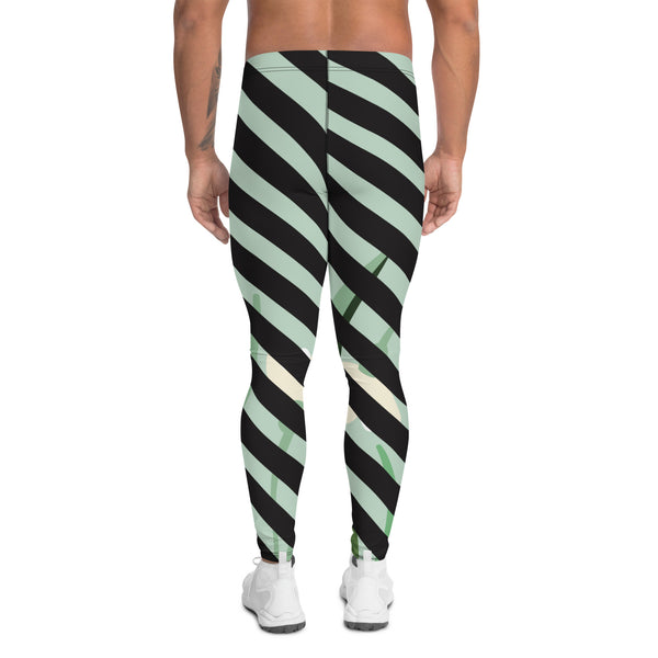 Diagonal Striped Black Green Meggings, Green Floral Print Meggings, Black Diagonal StripedFloral Print Abstract Designer Print Sexy Meggings Men's Workout Gym Tights Leggings, Men's Compression Tights Pants - Made in USA/ EU/ MX (US Size: XS-3XL)&nbsp;